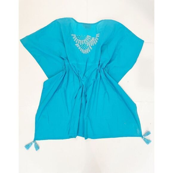 Madison Mathews Beach Cover Up Turquoise Blue 100% cotton One Size - Picture 2 of 6
